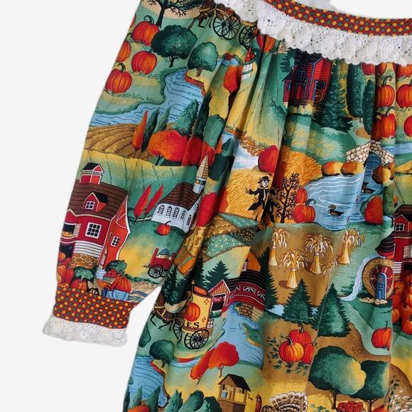 Vtg 80s Thanksgiving Dress Fall Harvest Prairie Girls Sz 6 Smocked Pumpkins USA - Picture 2 of 16